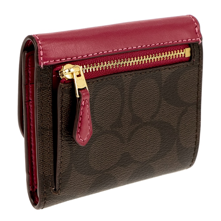 Coach Wallet In Gift Box Small Wallet In Signature Coated Canvas Brown / Hot Pink Red # F87589