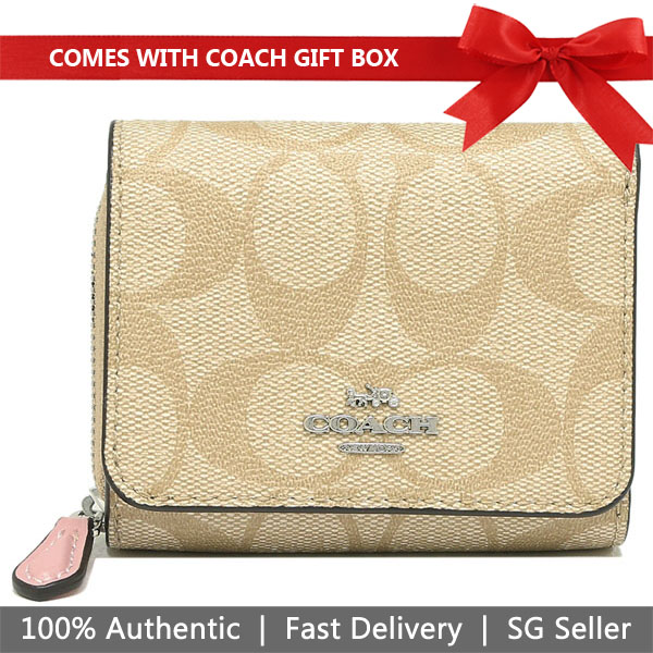 Coach Wallet In Gift Box Small Wallet Small Trifold Wallet In Signature Canvas Light Khaki / Carnation Pink # F41302