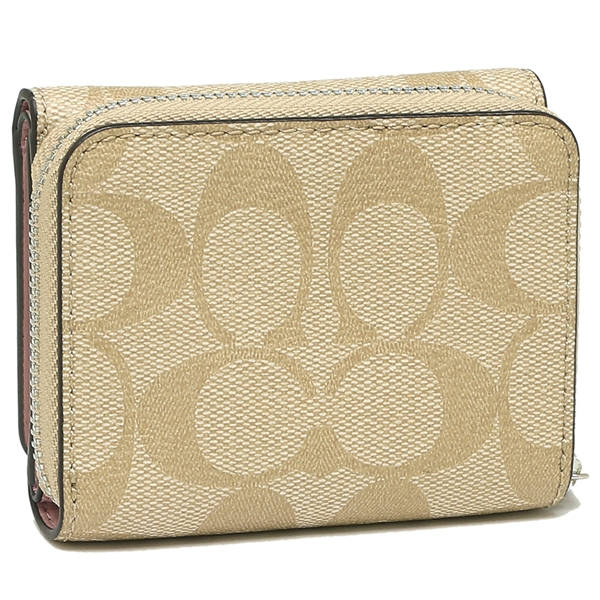 Coach Wallet In Gift Box Small Wallet Small Trifold Wallet In Signature Canvas Light Khaki / Carnation Pink # F41302