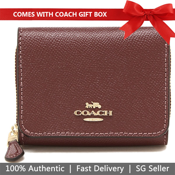 Coach Wallet In Gift Box Small Wallet Small Trifold Wallet Wine Dark Red Purple # F37968