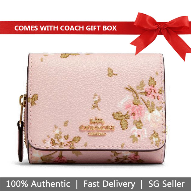 Coach Wallet In Gift Box Small Wallet Small Trifold Wallet With Rose Bouquet Print Blossom Pink # 91752