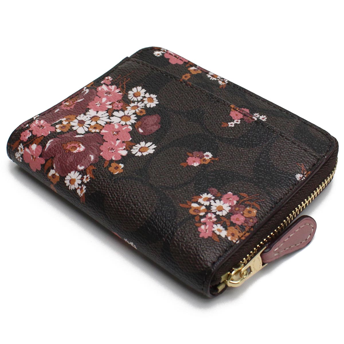 Coach Wallet In Gift Box Small Wallet Small Zip Around Wallet In Signature Canvas Bouquet Print Brown # F31955