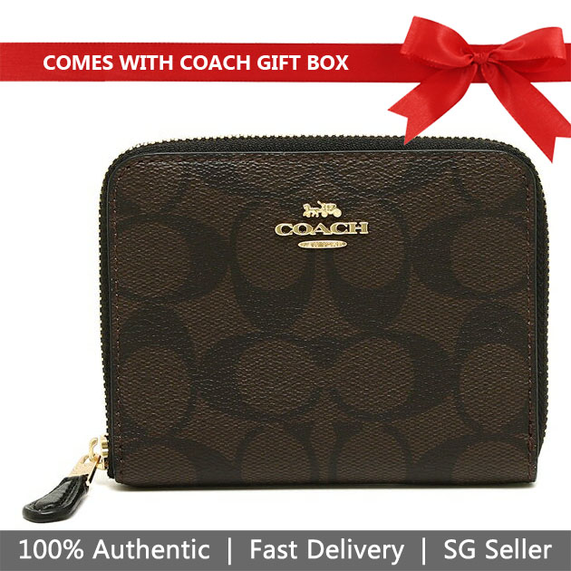 Coach Wallet In Gift Box Small Wallet Small Zip Around Wallet In Signature Canvas Brown / Black # F30308