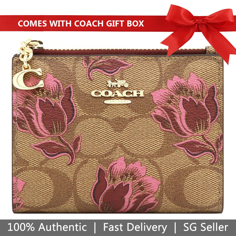 Coach Wallet In Gift Box Small Wallet Snap Card Case In Signature Canvas With Desert Tulip Print Khaki / Pink # F76881