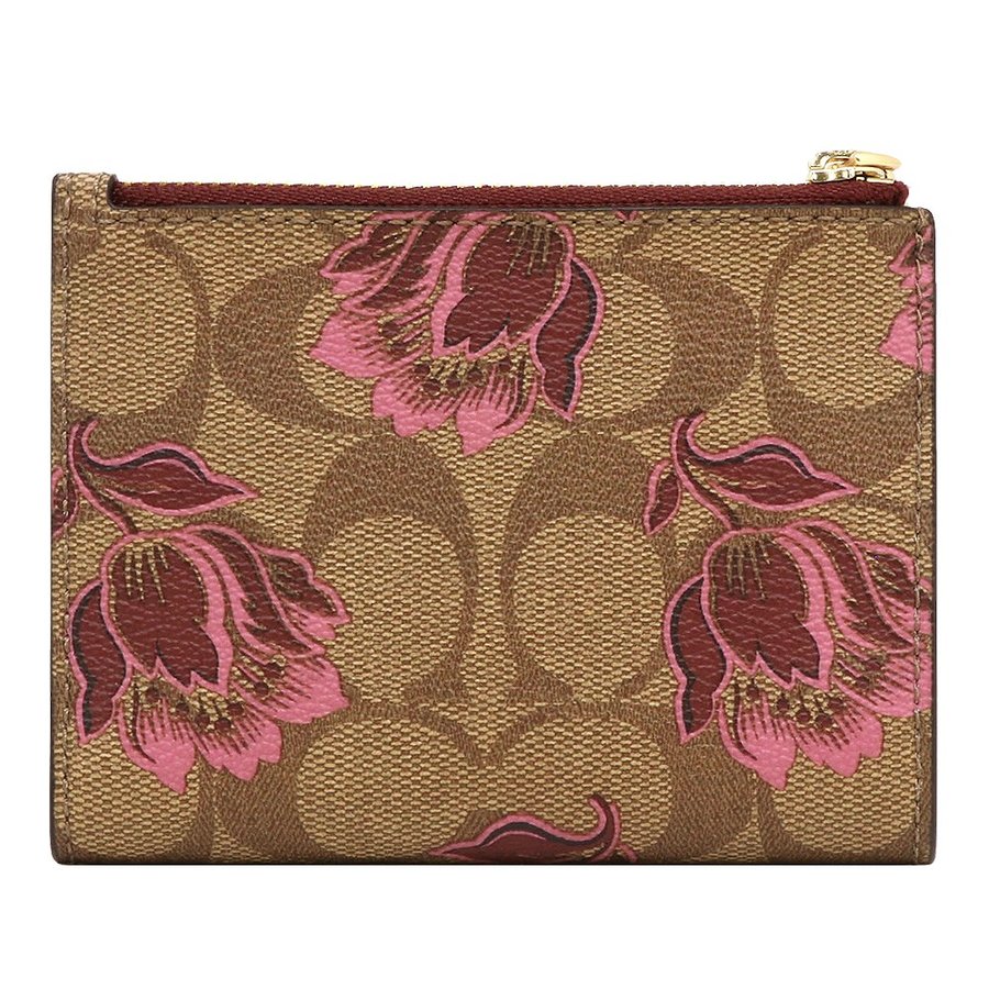 Coach Wallet In Gift Box Small Wallet Snap Card Case In Signature Canvas With Desert Tulip Print Khaki / Pink # F76881