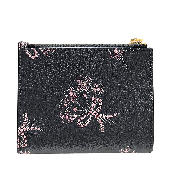 Coach Wallet In Gift Box Small Wallet Snap Card Case With Ribbon Bouquet Print Black Pink # F76880
