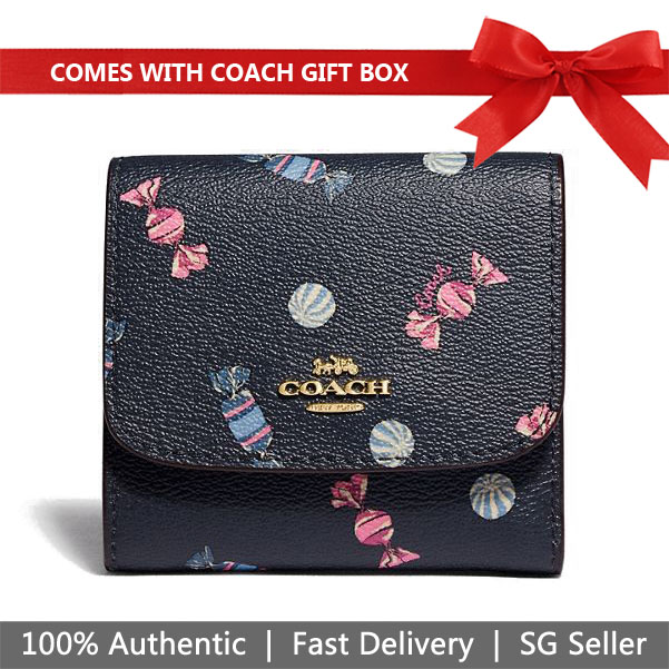 Coach Wallet In Gift Box Small Wallet With Scattered Candy Print Navy Dark Blue / Pink Ruby # F73479