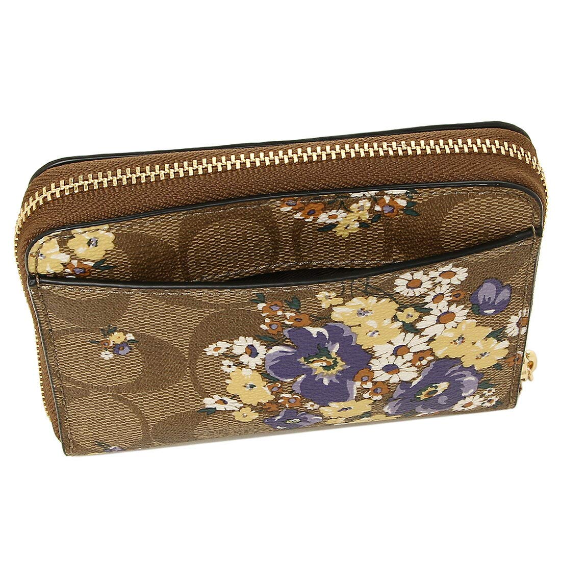 Coach Wallet In Gift Box Small Zip Around Wallet In Signature Canvas With Medley Bouquet Print Khaki # F31955