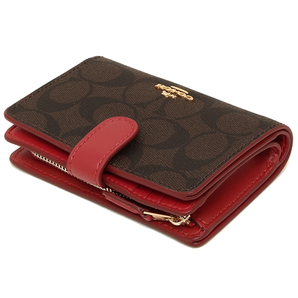 Coach Wallet In Gift Box Medium Corner Zip Wallet In Signature Coated Canvas Medium Wallet Brown / True Red # F23553