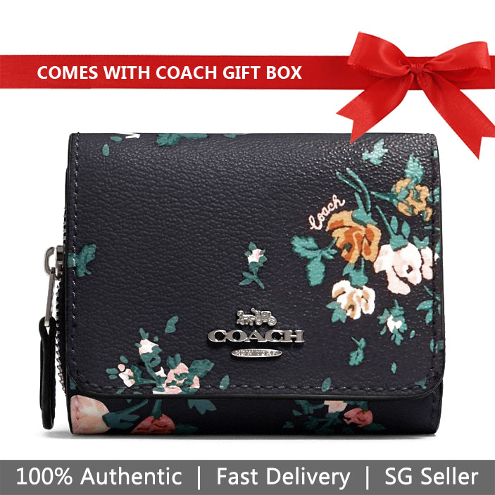 Coach Wallet In Gift Box Small Wallet Small Trifold Wallet With Rose Bouquet Print Midnight Navy Dark Blue # 91752