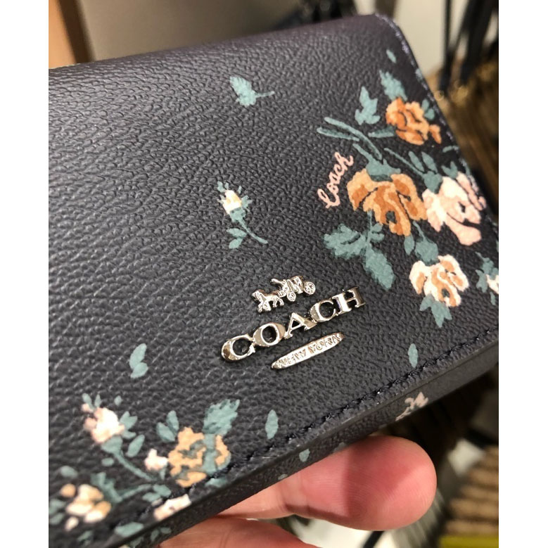 Coach Wallet In Gift Box Small Wallet Small Trifold Wallet With Rose Bouquet Print Midnight Navy Dark Blue # 91752