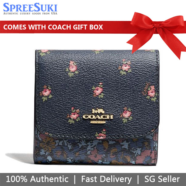 Coach Small Wallet With Floral Ditsy Print Midnight Navy Dark Blue # F67618