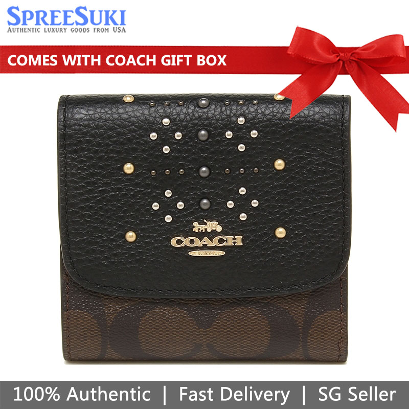 Coach Trifold Studded Small Wallet Brown Black # F31969