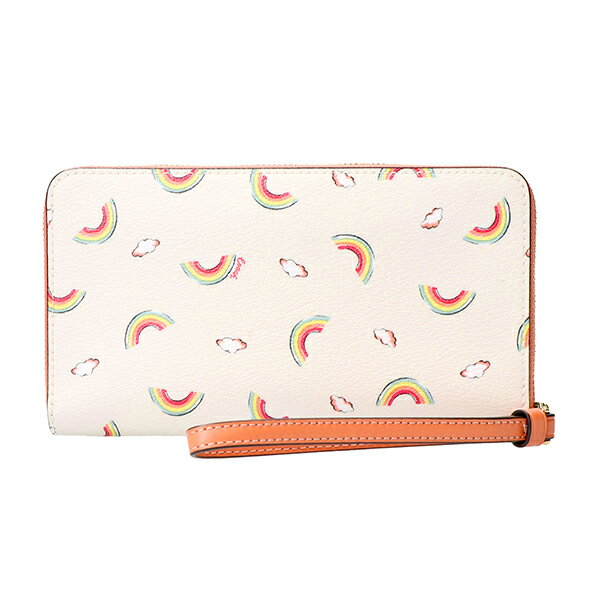 Coach Wallet Wristlet In Gift Box Large Phone Wallet With Allover Rainbow Print Chalk White / Light Coral # F73457