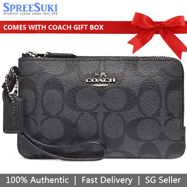 Coach Small Wristlet Double Corner Zip Wallet In Signature Coated Canvas Black Smoke # F87591