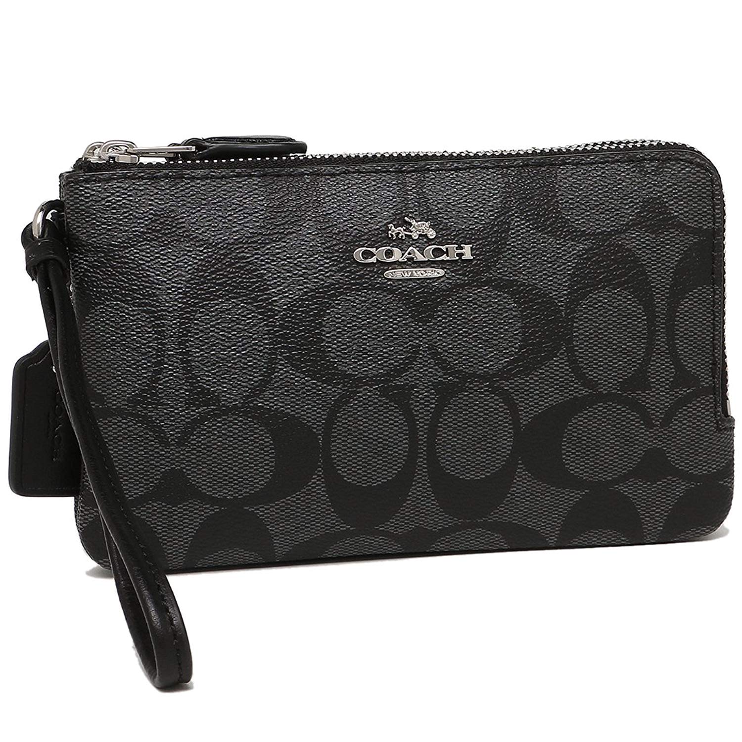 Coach Small Wristlet Double Corner Zip Wallet In Signature Coated Canvas Black Smoke # F87591