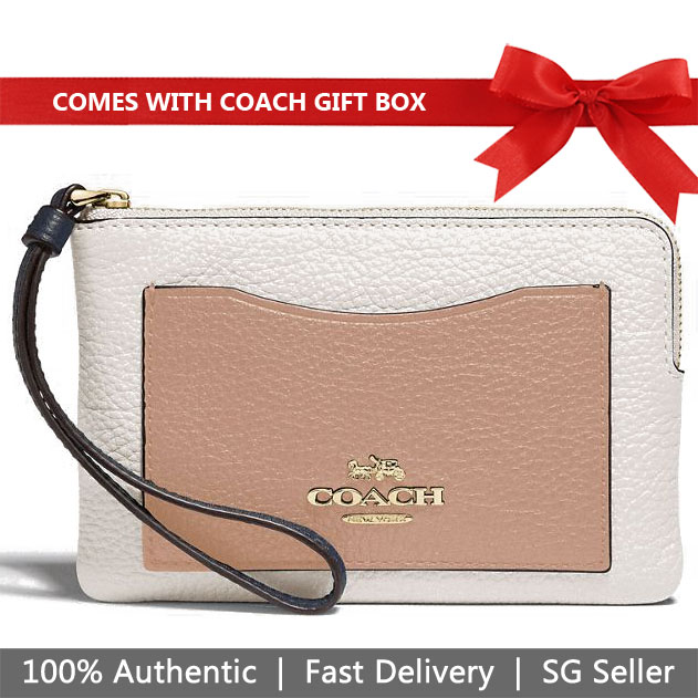Coach Wristlet In Gift Box Corner Zip Wristlet In Colorblock Small Wristlet Chalk White # F73061