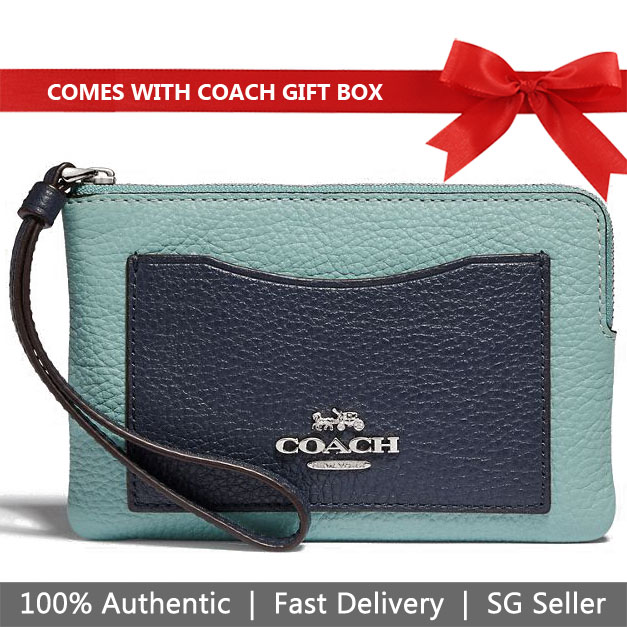 Coach Wristlet In Gift Box Corner Zip Wristlet In Colorblock Small Wristlet Seafoam Blue # F73061