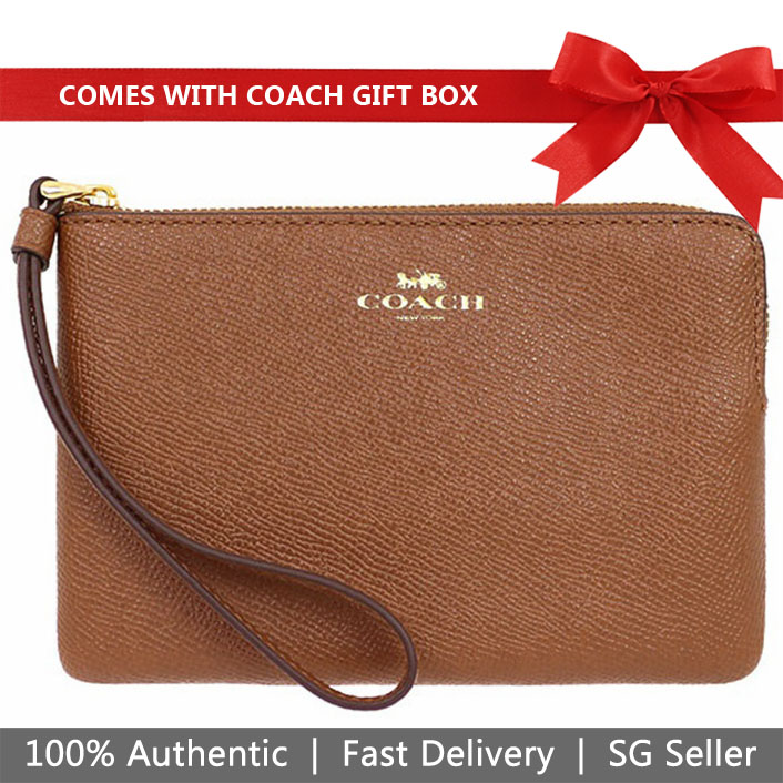 Coach Wristlet In Gift Box Corner Zip Wristlet In Crossgrain Leather Saddle Brown # F58032