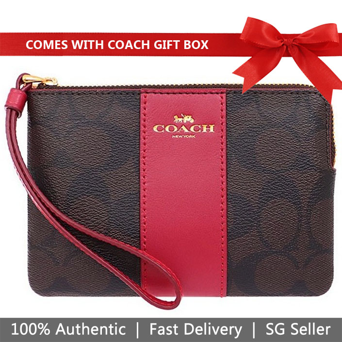 Coach Wristlet In Gift Box Corner Zip Wristlet In Signature Canvas Brown / Ruby Red # F58035