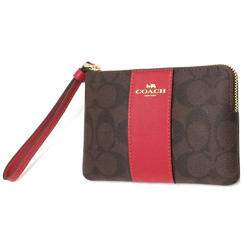 Coach Wristlet In Gift Box Corner Zip Wristlet In Signature Canvas Brown / Ruby Red # F58035