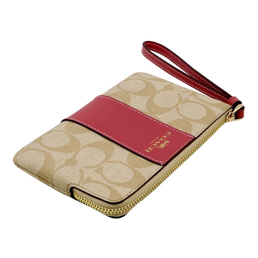 Coach Wristlet In Gift Box Corner Zip Wristlet In Signature Coated Canvas With Leather Stripe Light Khaki / Rouge # F58035