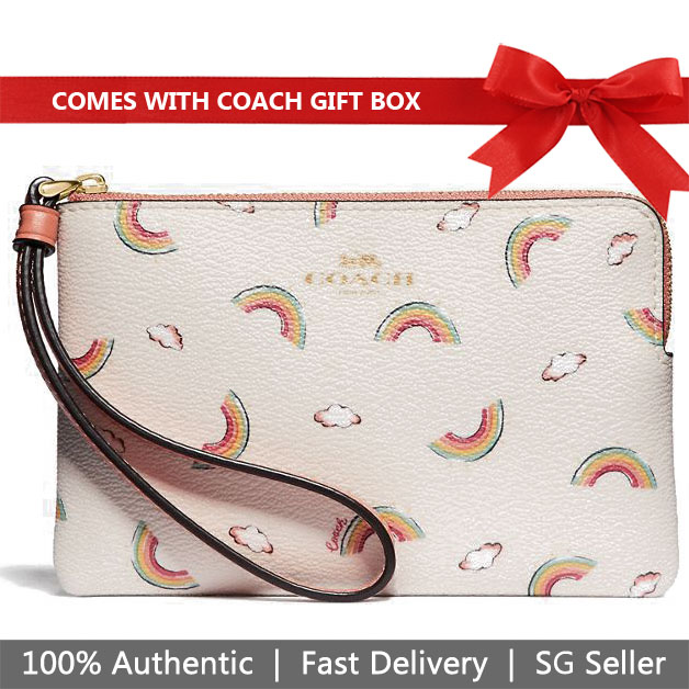 Coach Wristlet In Gift Box Corner Zip Wristlet With Allover Rainbow Print Small Wristlet Chalk White / Light Coral # F73454
