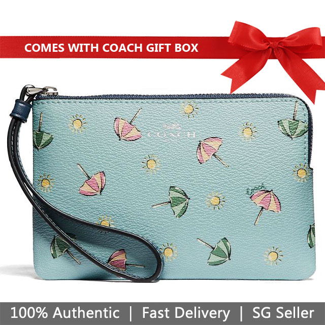Coach Wristlet In Gift Box Corner Zip Wristlet With Beach Umbrella Print Small Wristlet Seafoam / Midnight Blue # F73453