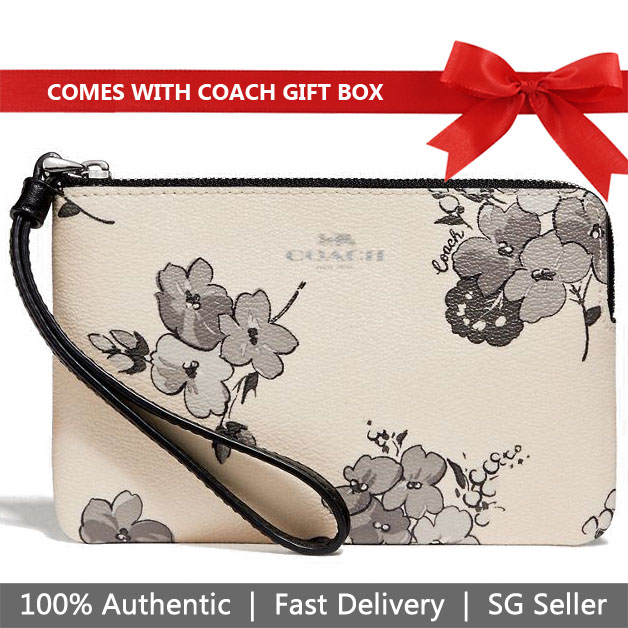Coach Wristlet In Gift Box Corner Zip Wristlet With Fairy Tale Print Small Wristlet Chalk White # F73637