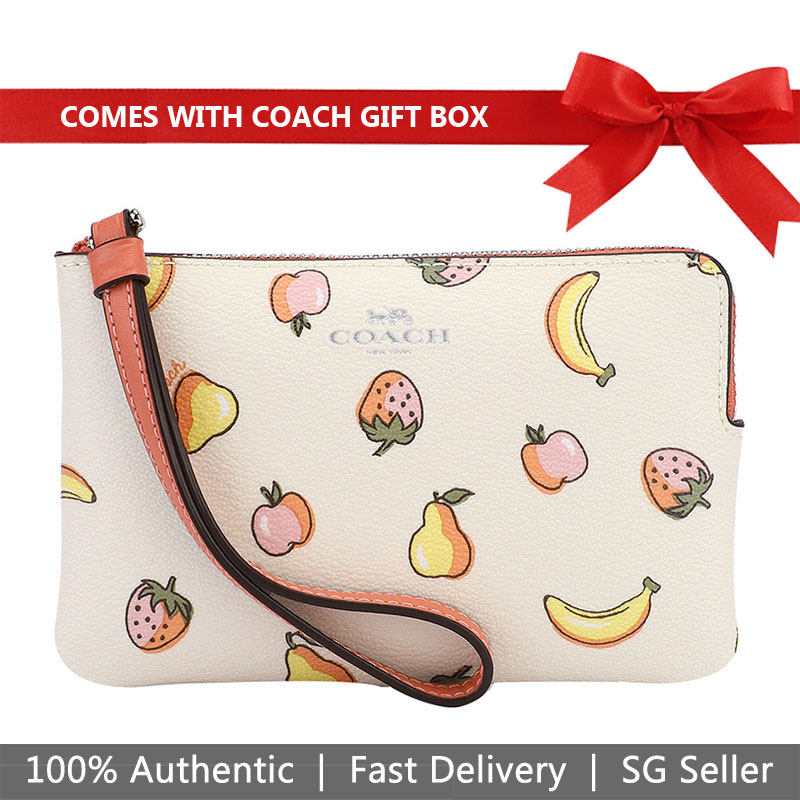 Coach Wristlet In Gift Box Corner Zip Wristlet With Mixed Fruit Print Small Wristlet Chalk Off White / Peony # F73390