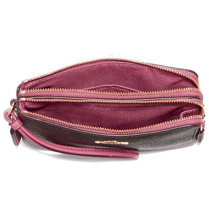 Coach Wristlet In Gift Box Double Corner Zip Wallet In Signature Coated Canvas Brown / Rouge # F87591