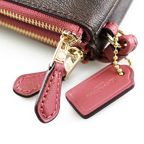 Coach Wristlet In Gift Box Double Corner Zip Wallet In Signature Coated Canvas Brown / Rouge # F87591
