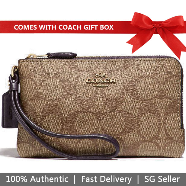 Coach Wristlet In Gift Box Double Corner Zip Wallet In Signature Coated Canvas Khaki / Oxblood # F87591