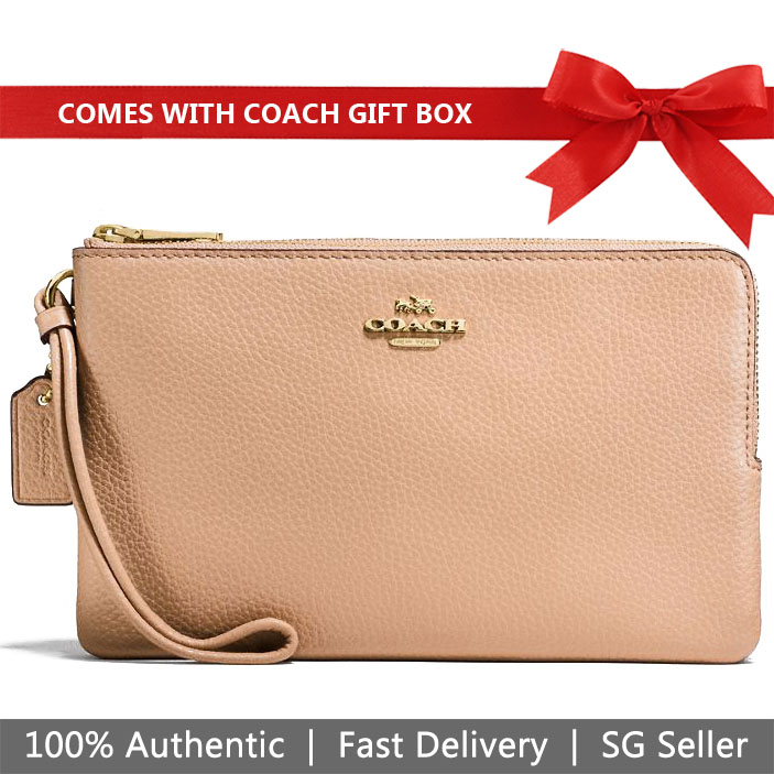 Coach Wristlet In Gift Box Double Zip Wallet In Polished Pebble Leather Large Wristlet Beechwood Nude Beige # F87587
