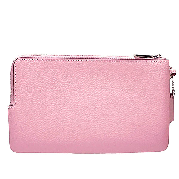 Coach Wristlet In Gift Box Double Zip Wallet In Polished Pebble Leather Large Wristlet Carnation Pink # F87587