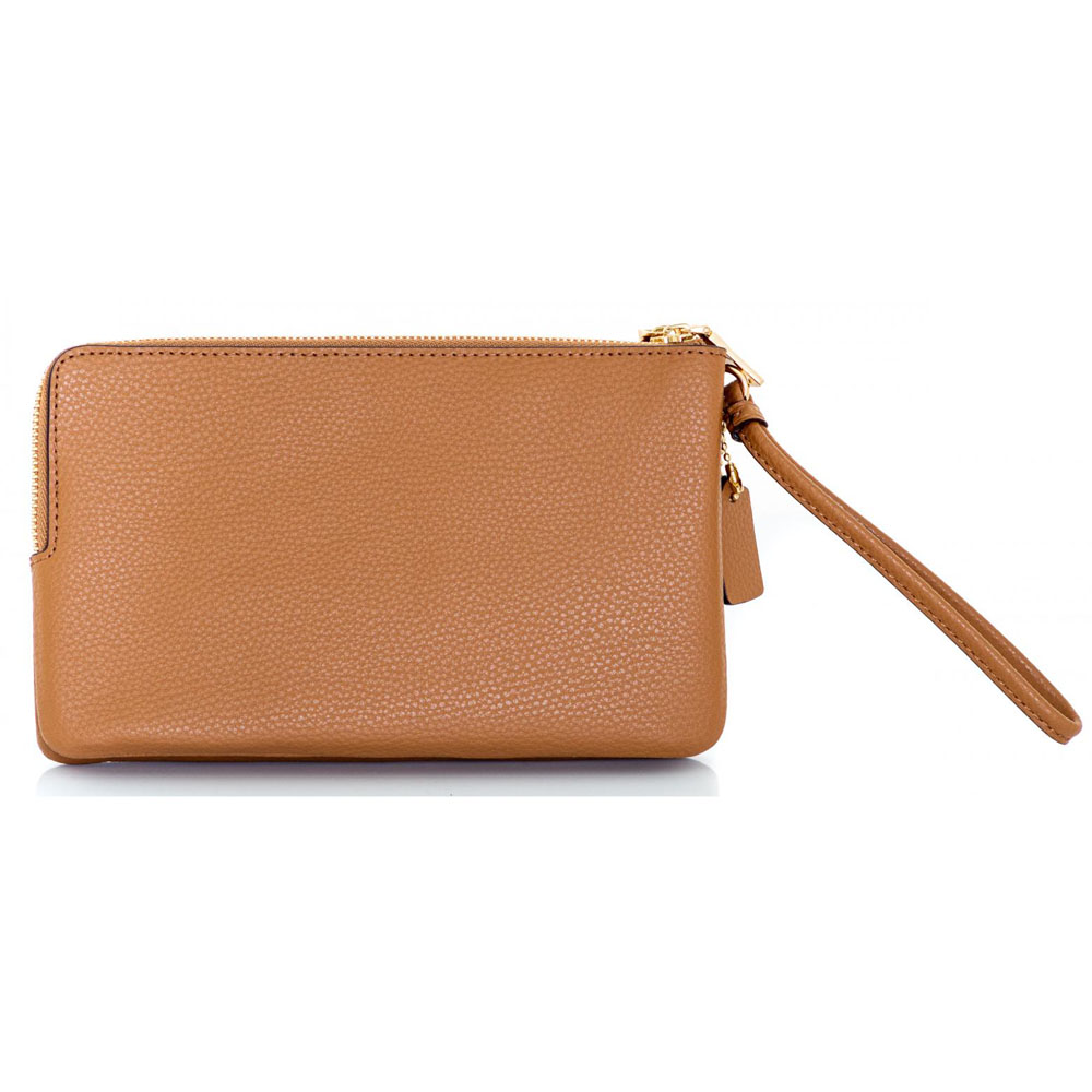 Coach Wristlet In Gift Box Double Zip Wallet In Polished Pebble Leather Large Wristlet Light Saddle Brown # F87587