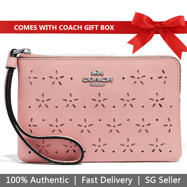 Coach Wristlet In Gift Box Floral Perforated Corner Zip Wristlet Small Wristlet Petal Pink / Strawberry # F67608
