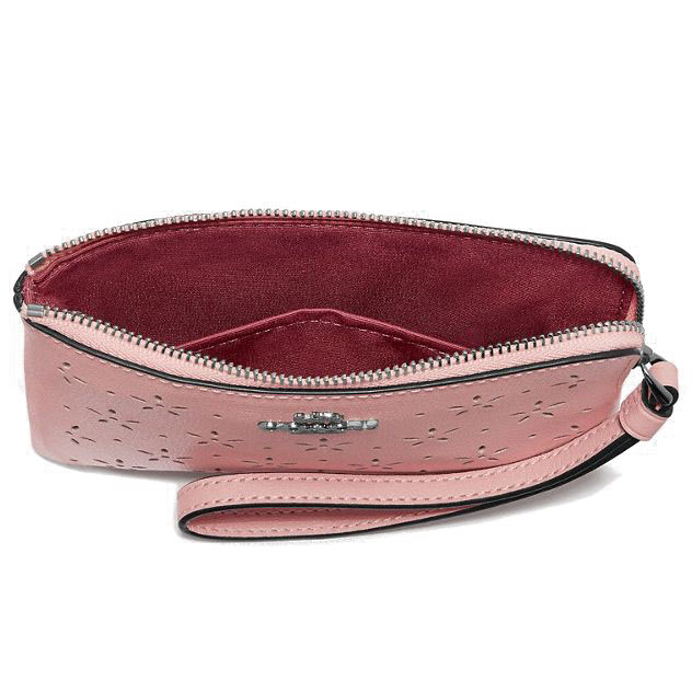 Coach Wristlet In Gift Box Floral Perforated Corner Zip Wristlet Small Wristlet Petal Pink / Strawberry # F67608