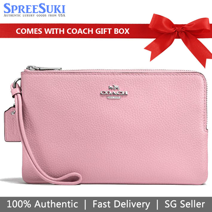 Coach Wristlet In Gift Box Large Double Zip Wallet In Polished Pebble Leather Large Wristlet Petal Pink # F87587