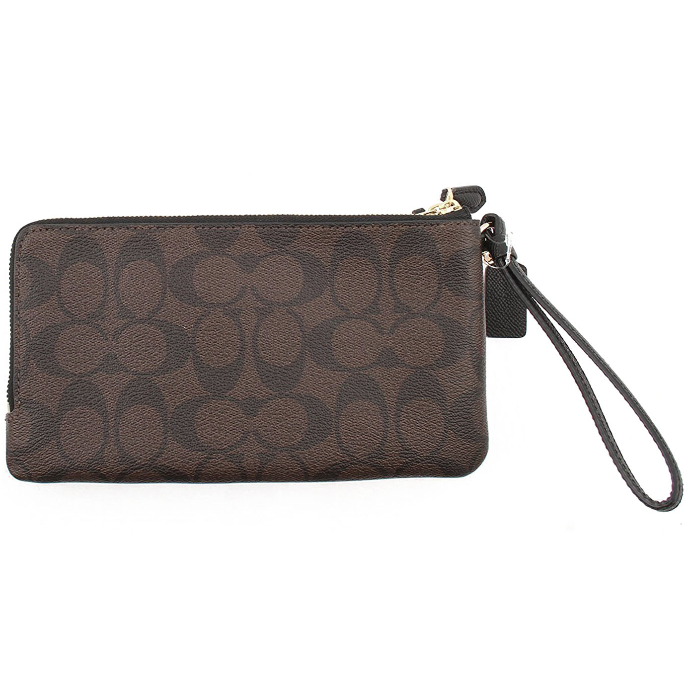Coach Large Double Zip Wallet In Signature Coated Canvas Large Wristlet Black / Brown # F16109