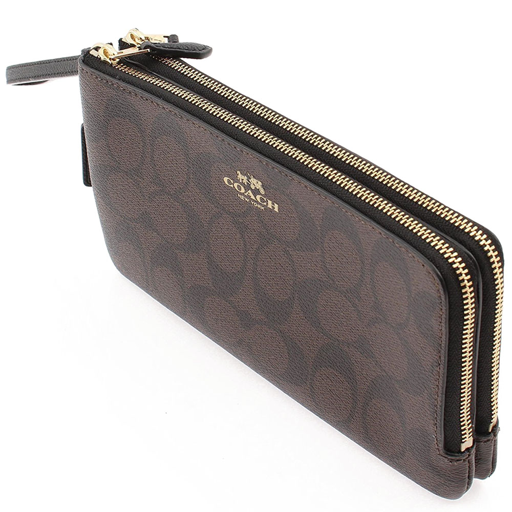 Coach Large Double Zip Wallet In Signature Coated Canvas Large Wristlet Black / Brown # F16109