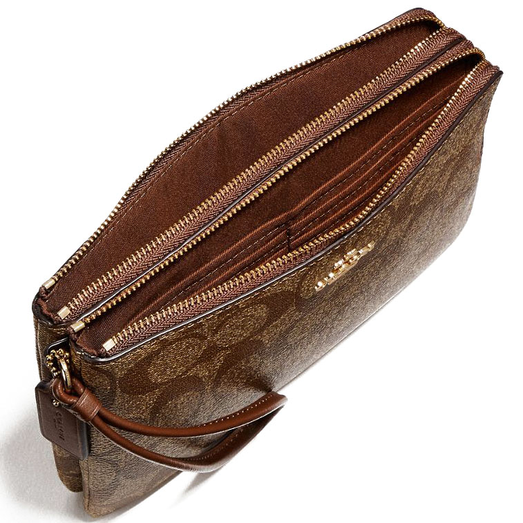 Coach Wristlet In Gift Box Large Double Zip Wallet In Signature Coated Canvas Large Wristlet Khaki / Saddle Brown # F16109
