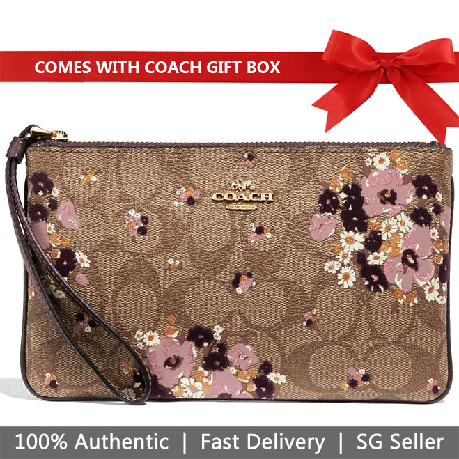 Coach Wristlet In Gift Box Large Wristlet In Signature Canvas With Floral Flocking Khaki Multi # F31770
