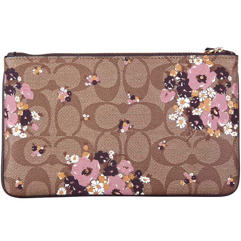 Coach Wristlet In Gift Box Large Wristlet In Signature Canvas With Floral Flocking Khaki Multi # F31770