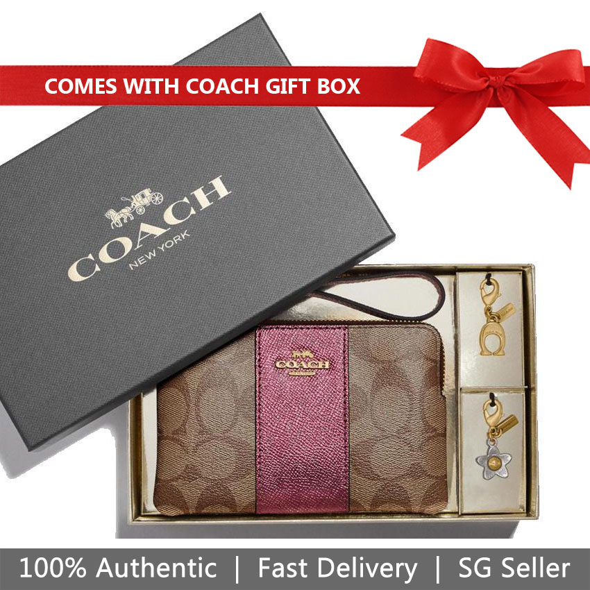 Coach Wristlet In Gift Box Small Wristlet Corner Zip Wristlet In Crossgrain Leather Metallic Denim B
