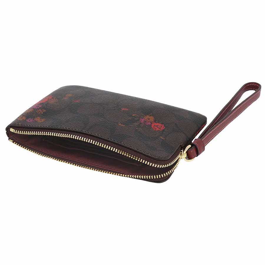 Coach Wristlet In Gift Box Small Wristlet Corner Zip Wristlet In Signature Canvas With Floral Bundle Print Brown / Metallic Currant # F39070