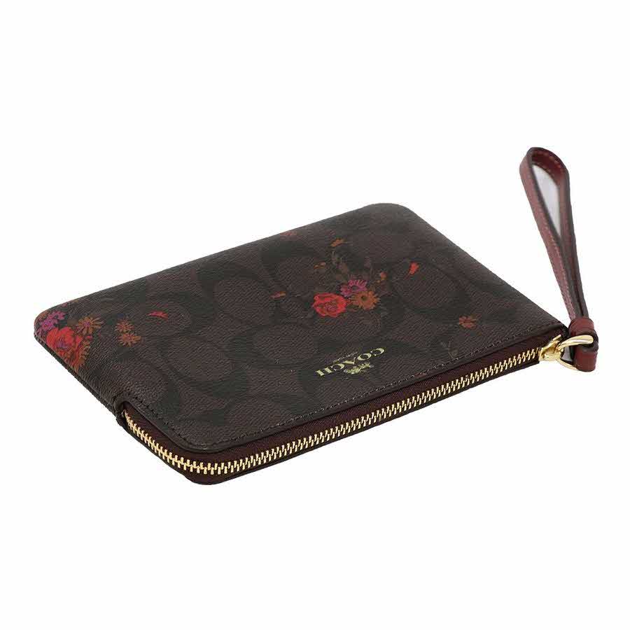 Coach Wristlet In Gift Box Small Wristlet Corner Zip Wristlet In Signature Canvas With Floral Bundle Print Brown / Metallic Currant # F39070