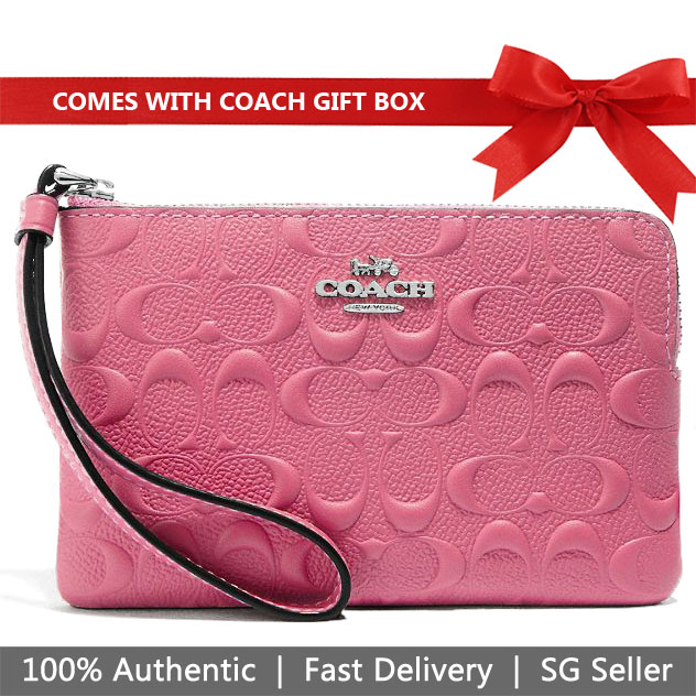 Coach Wristlet In Gift Box Small Wristlet Corner Zip Wristlet In Signature Leather Strawberry Pink # F67555