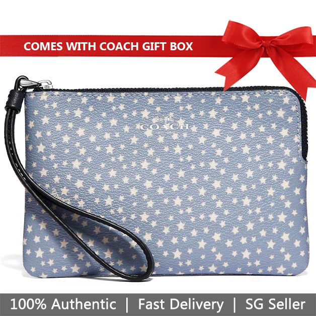 Coach Wristlet In Gift Box Small Wristlet Corner Zip Wristlet With Ditsy Star Print Blue / Silver # F67613