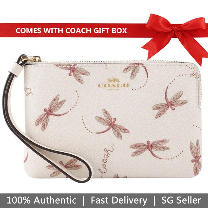 Coach Wristlet In Gift Box Small Wristlet Corner Zip Wristlet With Dragonfly Print Chalk Off White # F78096